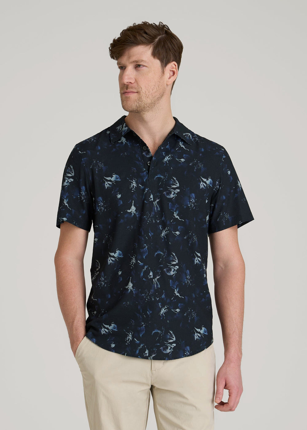 American Tall Online | Coastal Perforated Polo Shirt for Tall Men in Black and Violet Floral