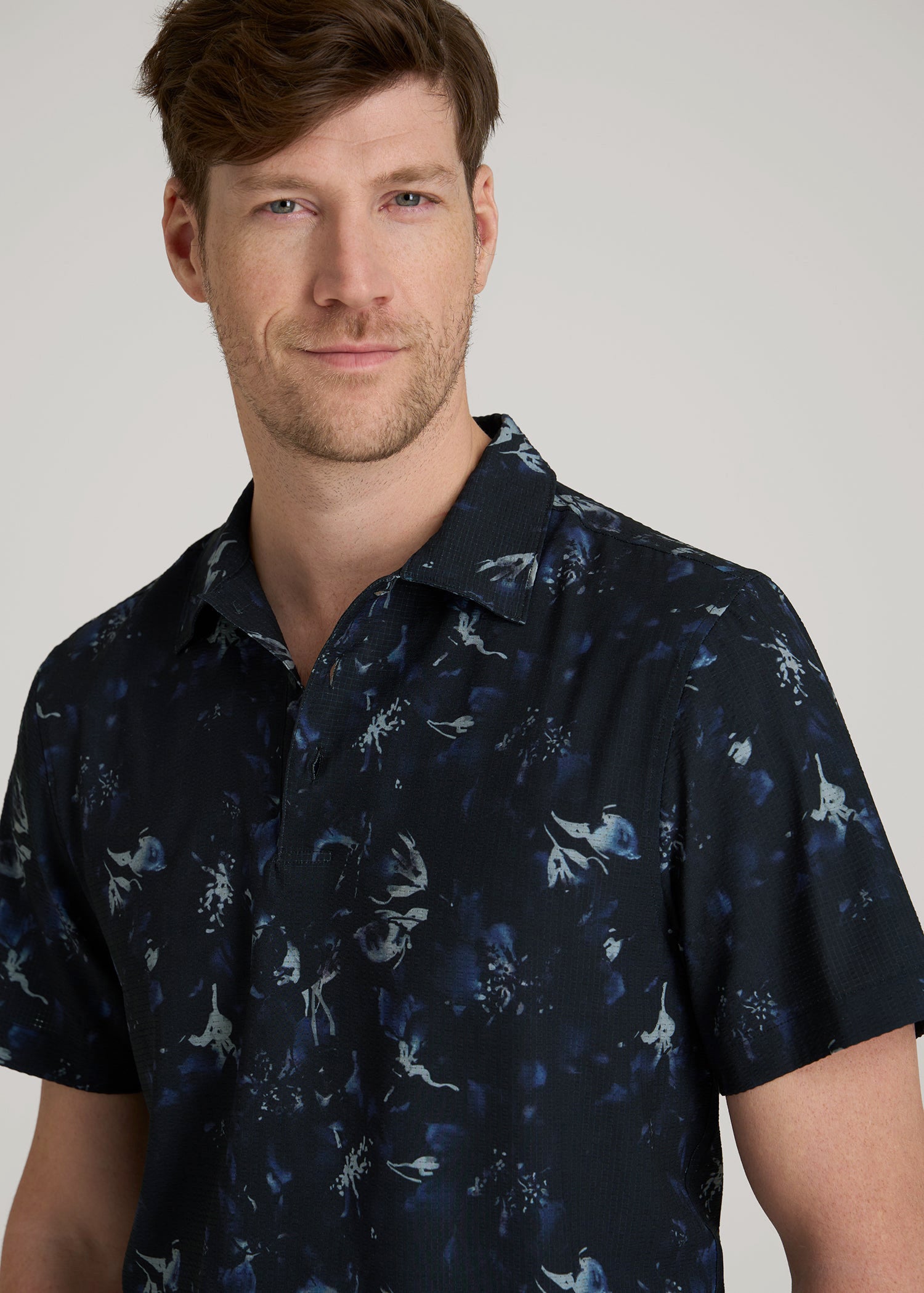 American Tall Online | Coastal Perforated Polo Shirt for Tall Men in Black and Violet Floral