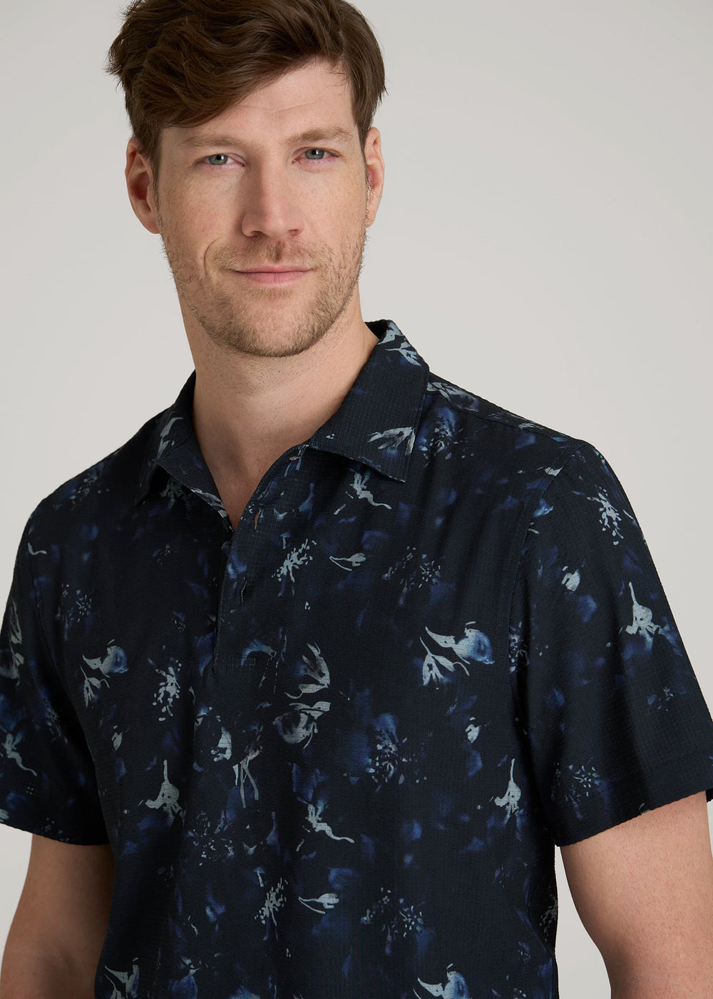 American Tall Online | Coastal Perforated Polo Shirt for Tall Men in Black and Violet Floral