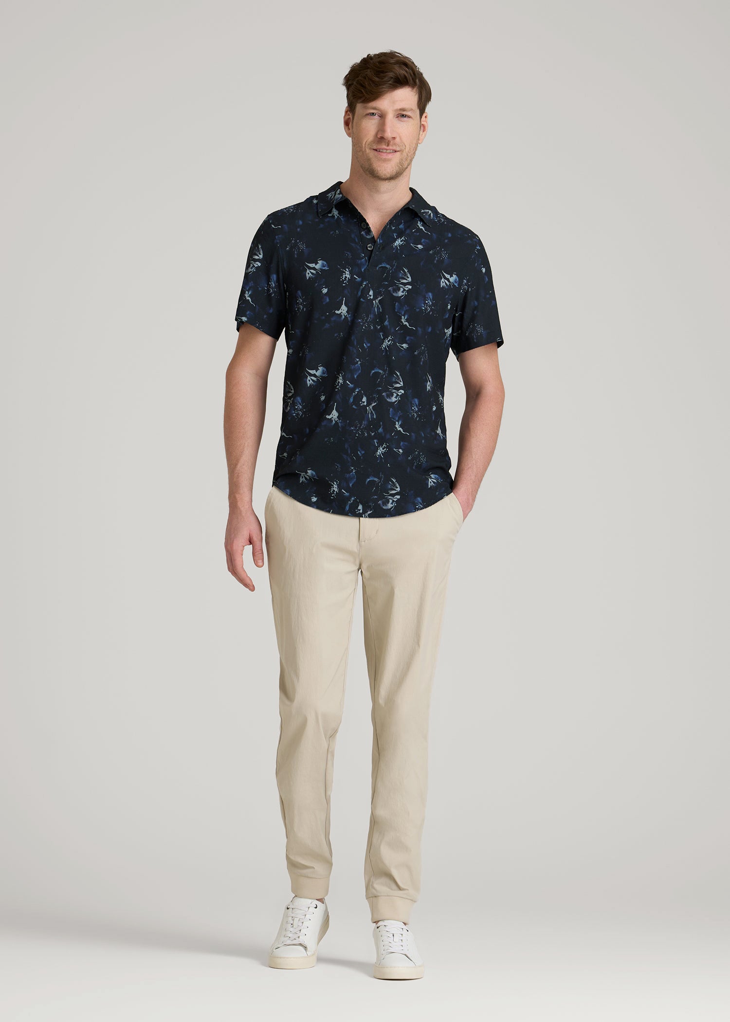 American Tall Online | Coastal Perforated Polo Shirt for Tall Men in Black and Violet Floral