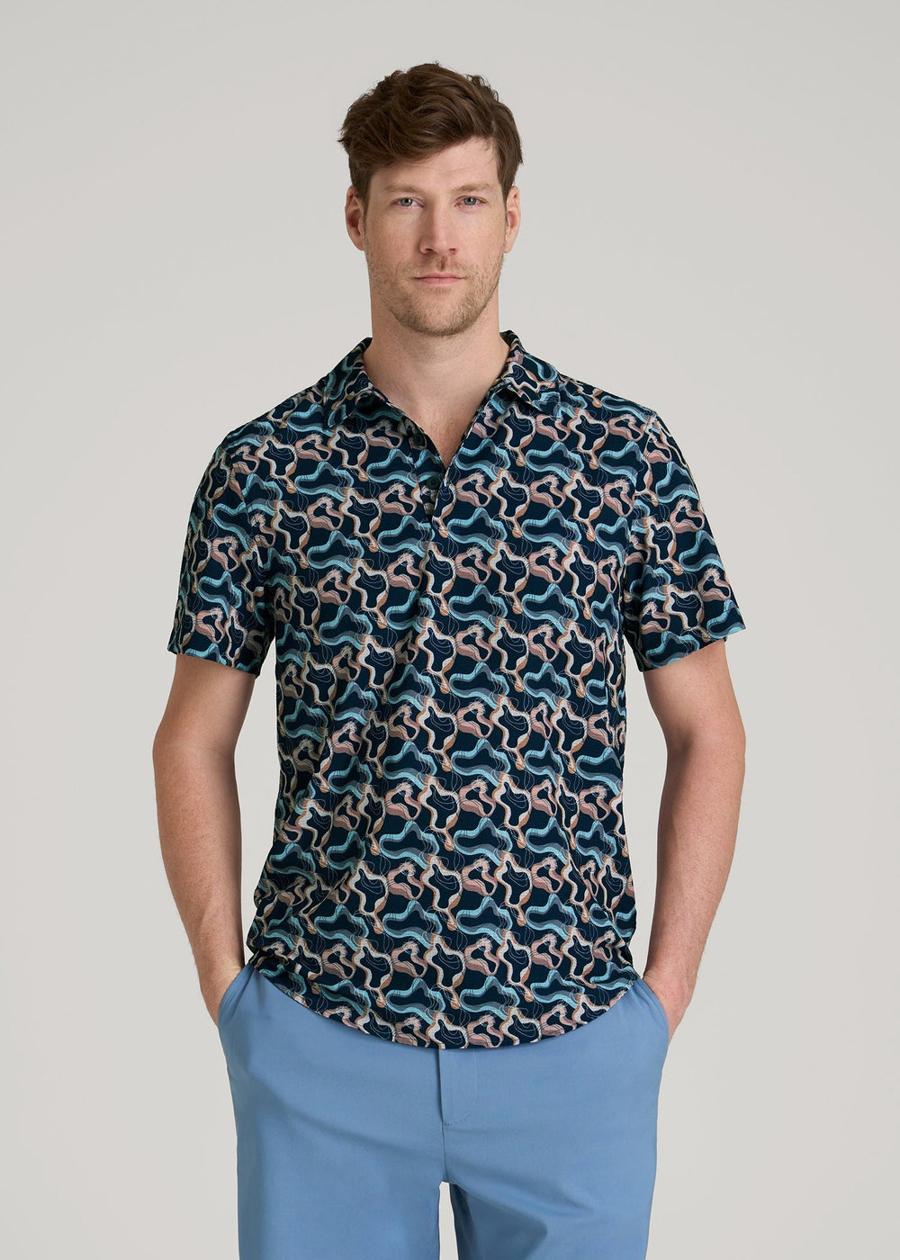 American Tall Outlet | Coastal Perforated Polo Shirt for Tall Men in Blue and Rose Abstract
