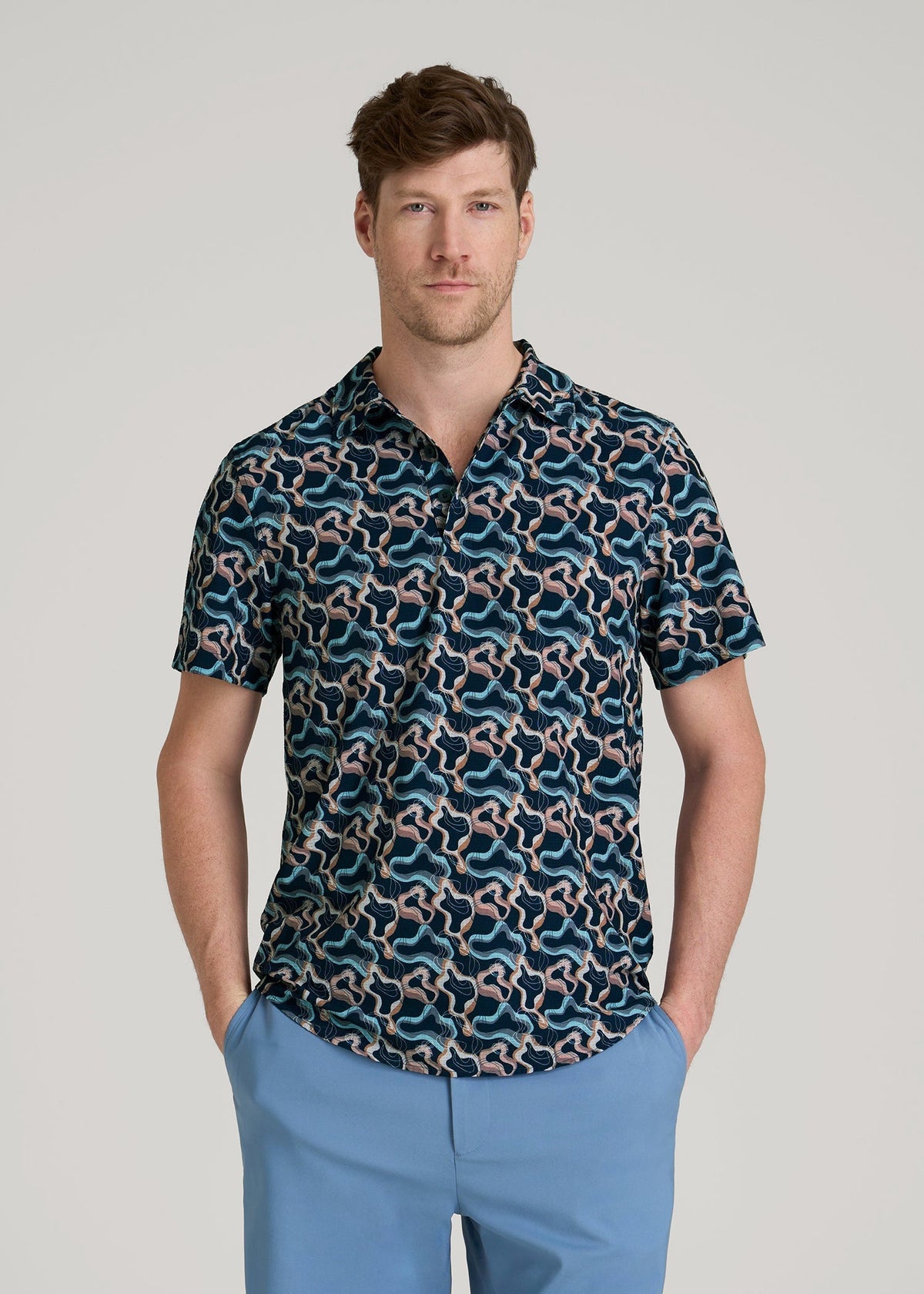 American Tall Outlet | Coastal Perforated Polo Shirt for Tall Men in Blue and Rose Abstract