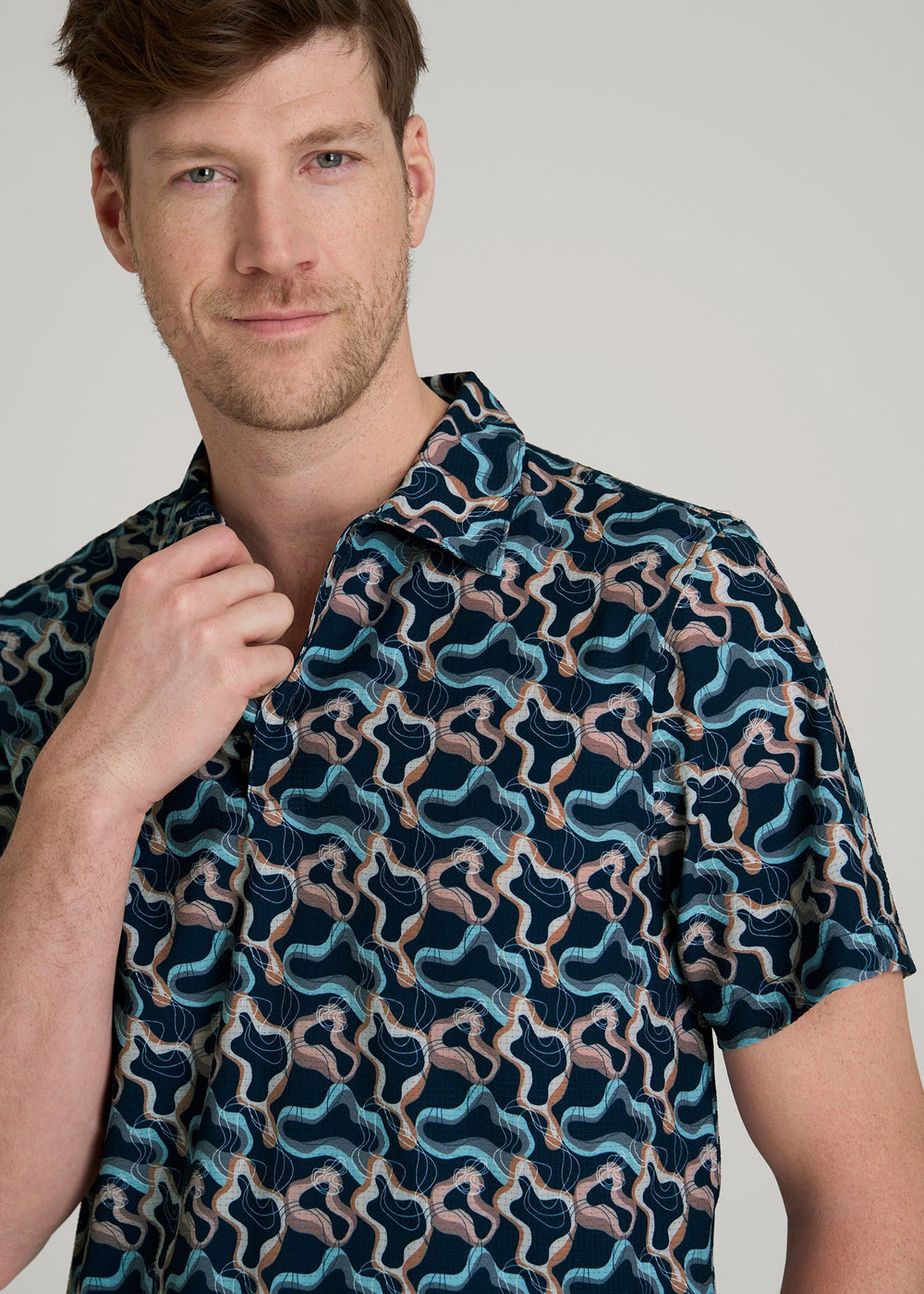 American Tall Outlet | Coastal Perforated Polo Shirt for Tall Men in Blue and Rose Abstract