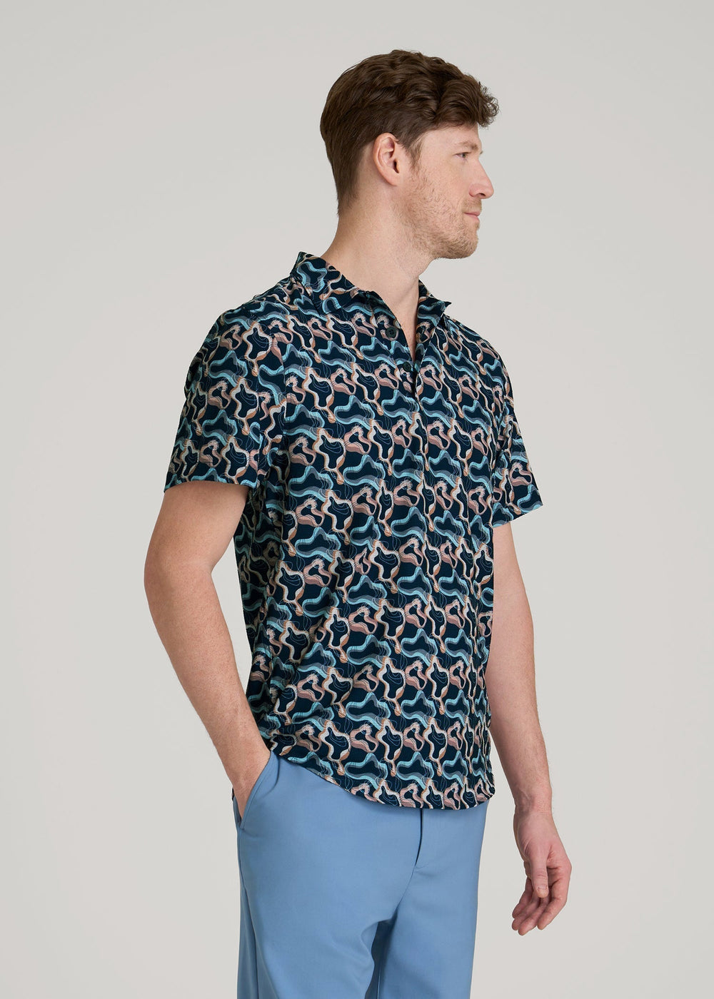 American Tall Outlet | Coastal Perforated Polo Shirt for Tall Men in Blue and Rose Abstract