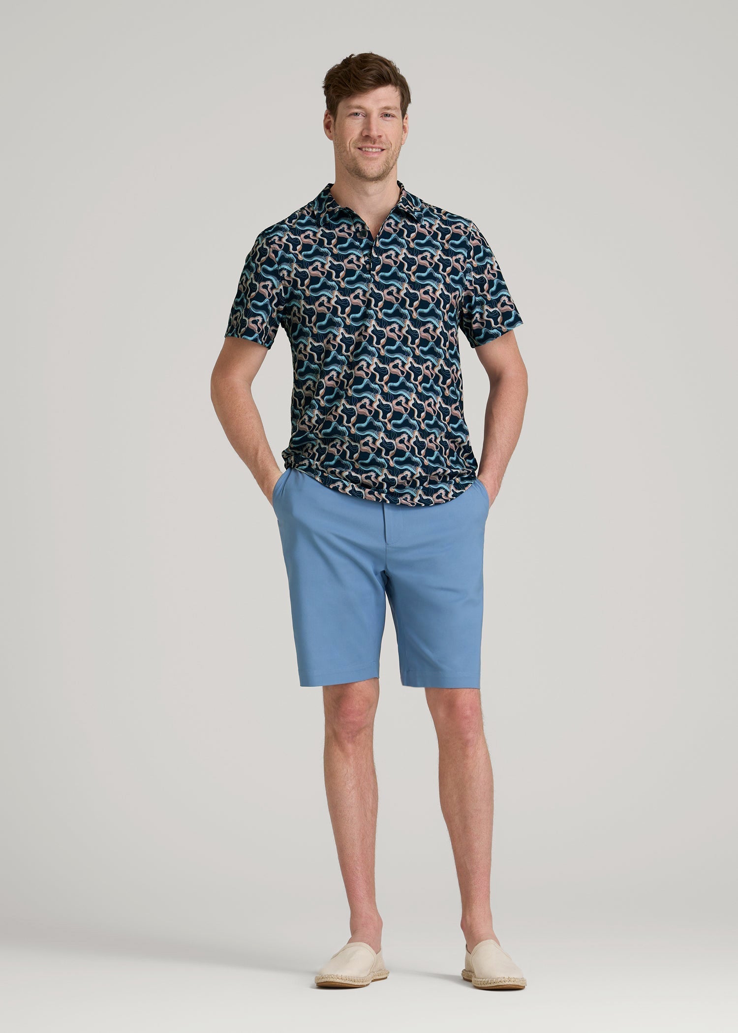 American Tall Outlet | Coastal Perforated Polo Shirt for Tall Men in Blue and Rose Abstract