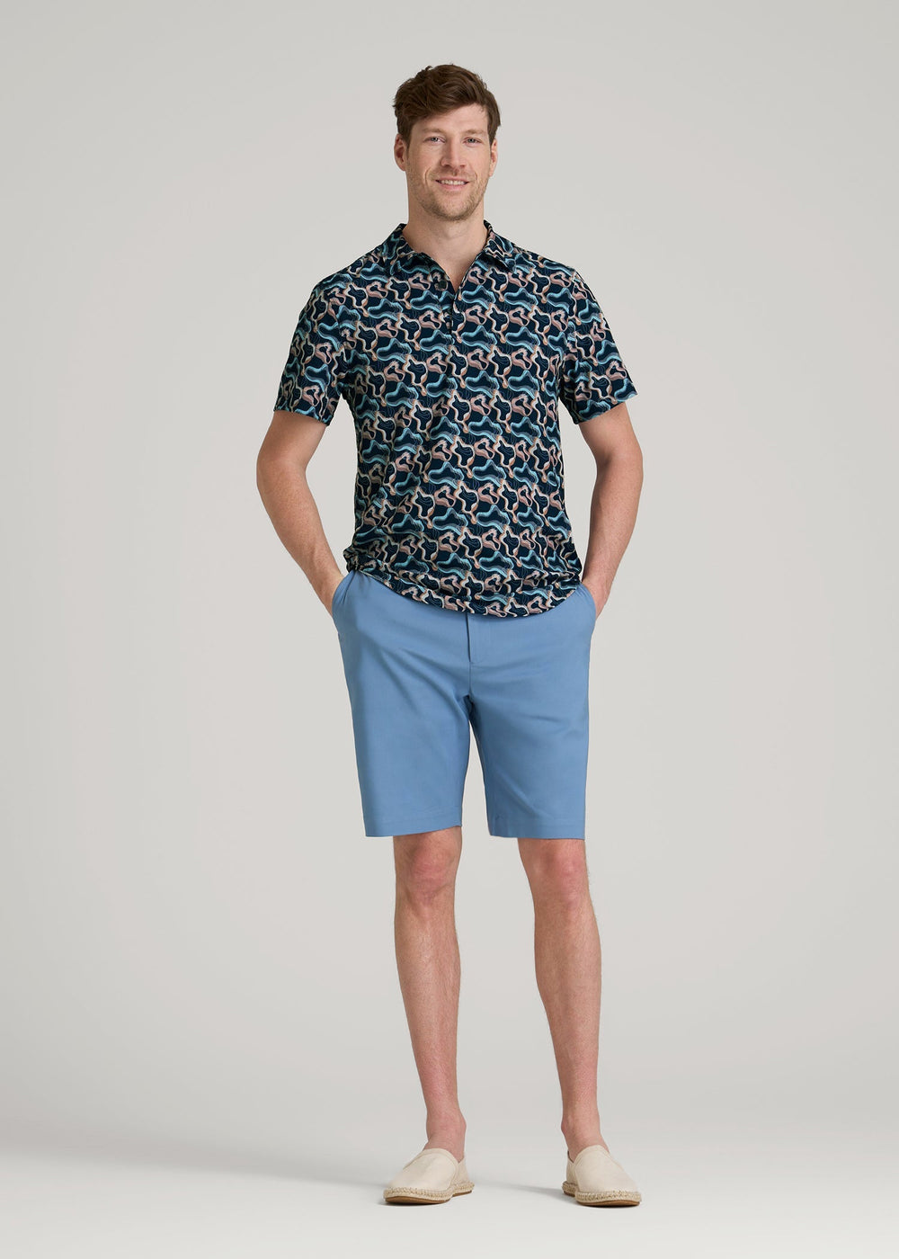 American Tall Outlet | Coastal Perforated Polo Shirt for Tall Men in Blue and Rose Abstract