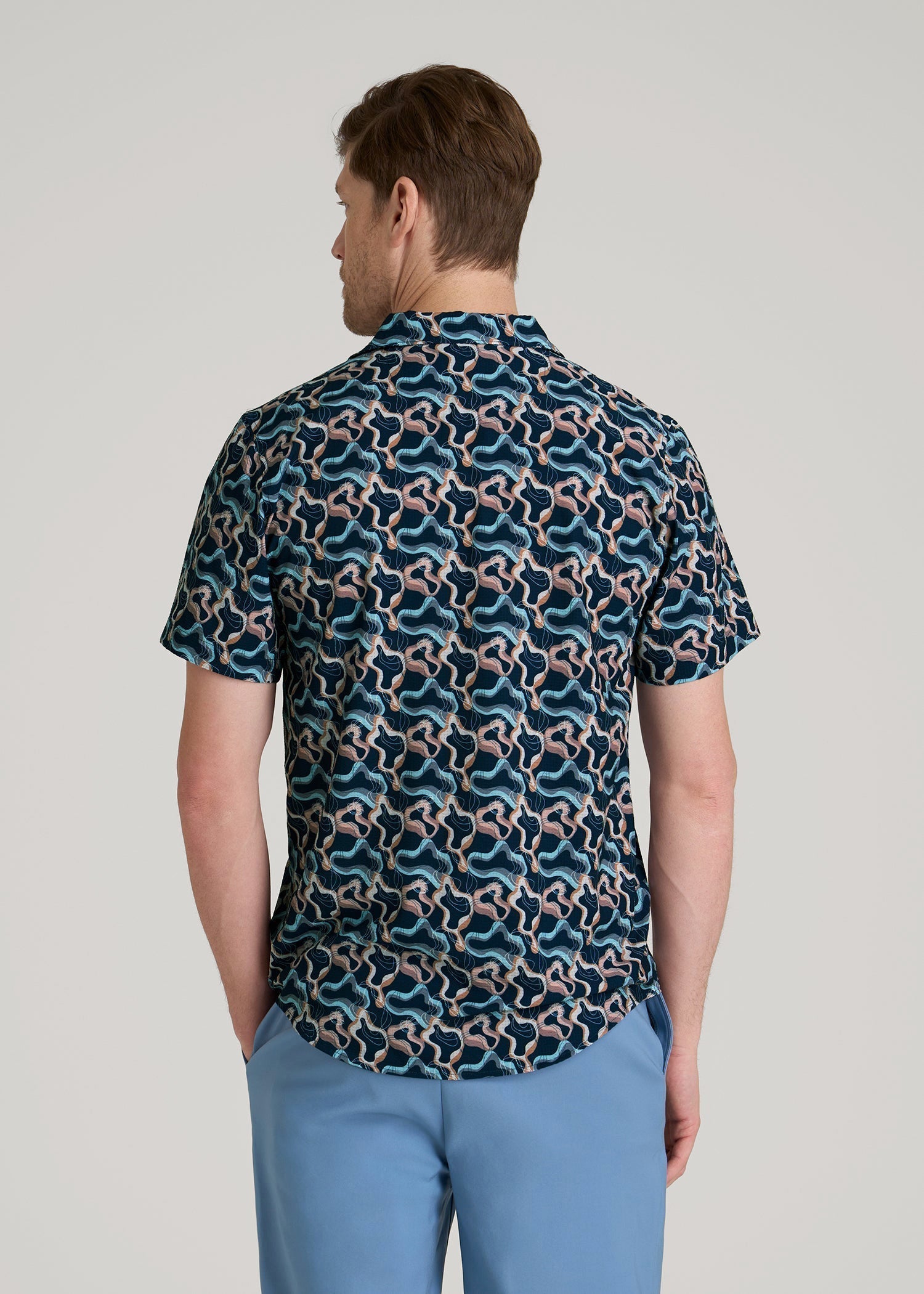 American Tall Outlet | Coastal Perforated Polo Shirt for Tall Men in Blue and Rose Abstract