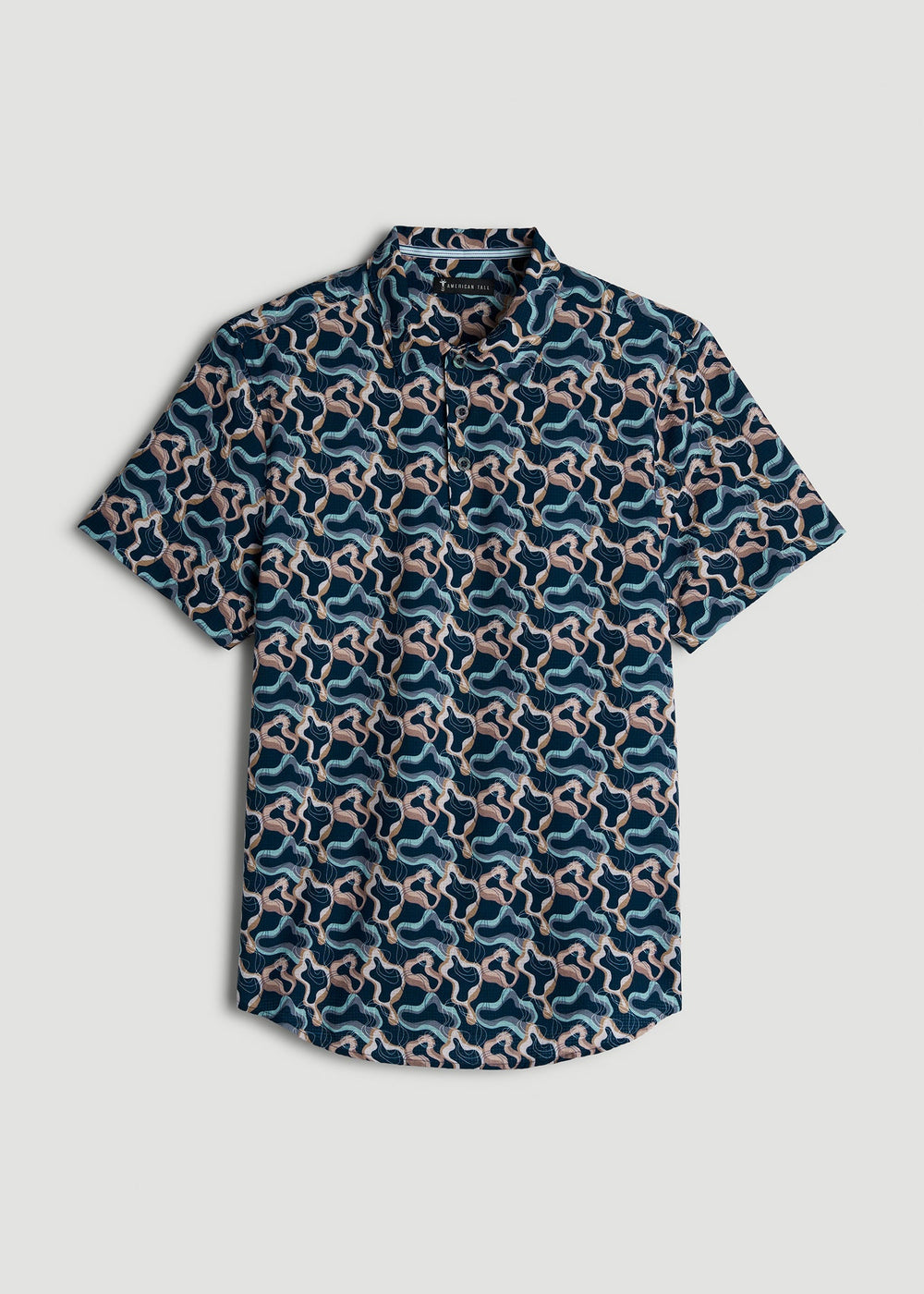 American Tall Outlet | Coastal Perforated Polo Shirt for Tall Men in Blue and Rose Abstract