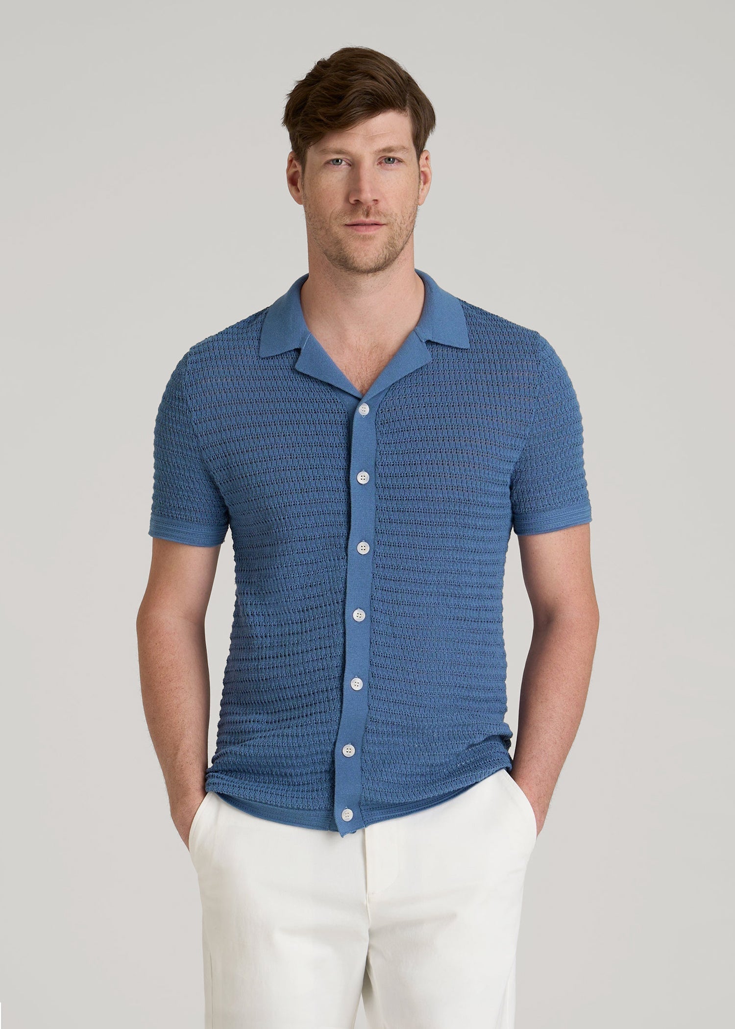 American Tall Online Shop | Short Sleeve Crochet Polo Cardigan for Tall Men in Deep Cobalt