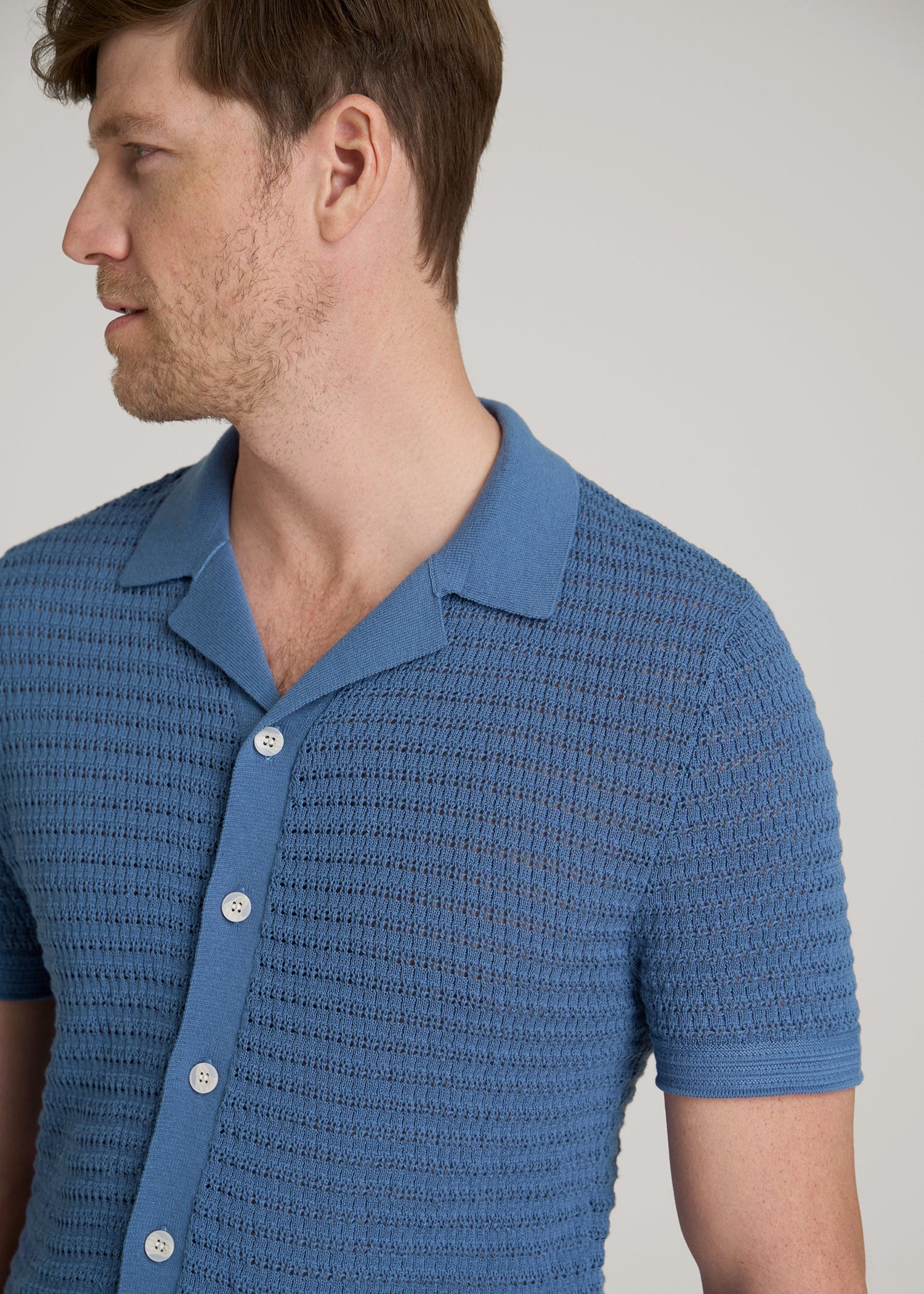 American Tall Online Shop | Short Sleeve Crochet Polo Cardigan for Tall Men in Deep Cobalt