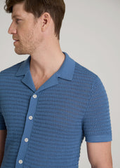 American Tall Online Shop | Short Sleeve Crochet Polo Cardigan for Tall Men in Deep Cobalt