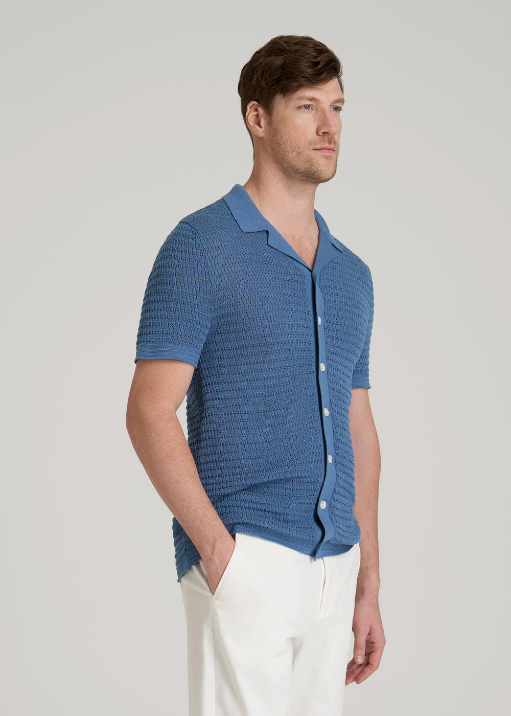 American Tall Online Shop | Short Sleeve Crochet Polo Cardigan for Tall Men in Deep Cobalt