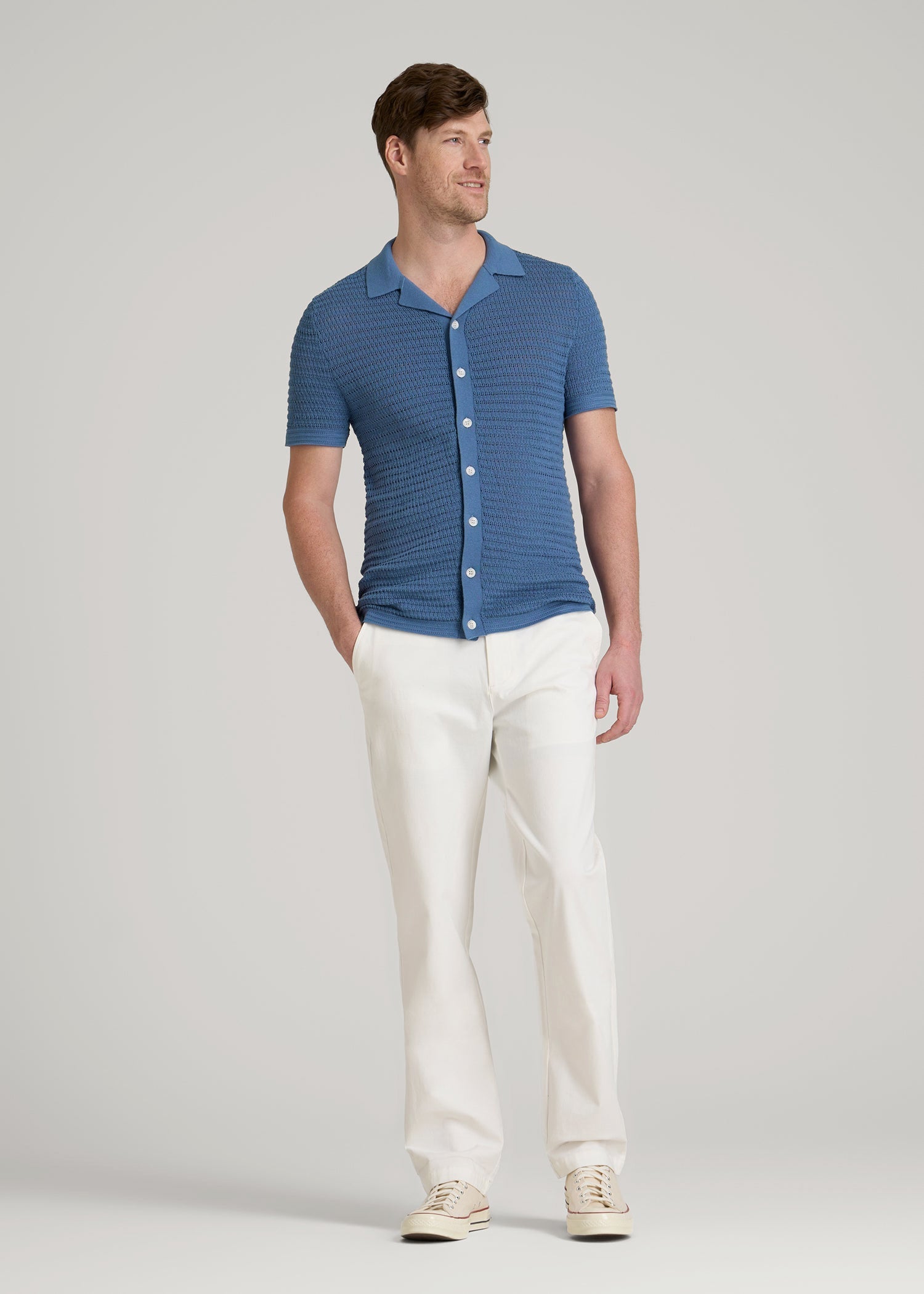 American Tall Online Shop | Short Sleeve Crochet Polo Cardigan for Tall Men in Deep Cobalt