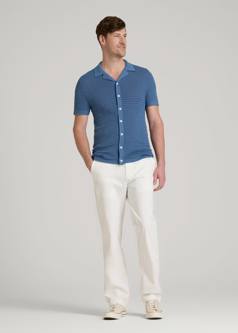 American Tall Online Shop | Short Sleeve Crochet Polo Cardigan for Tall Men in Deep Cobalt