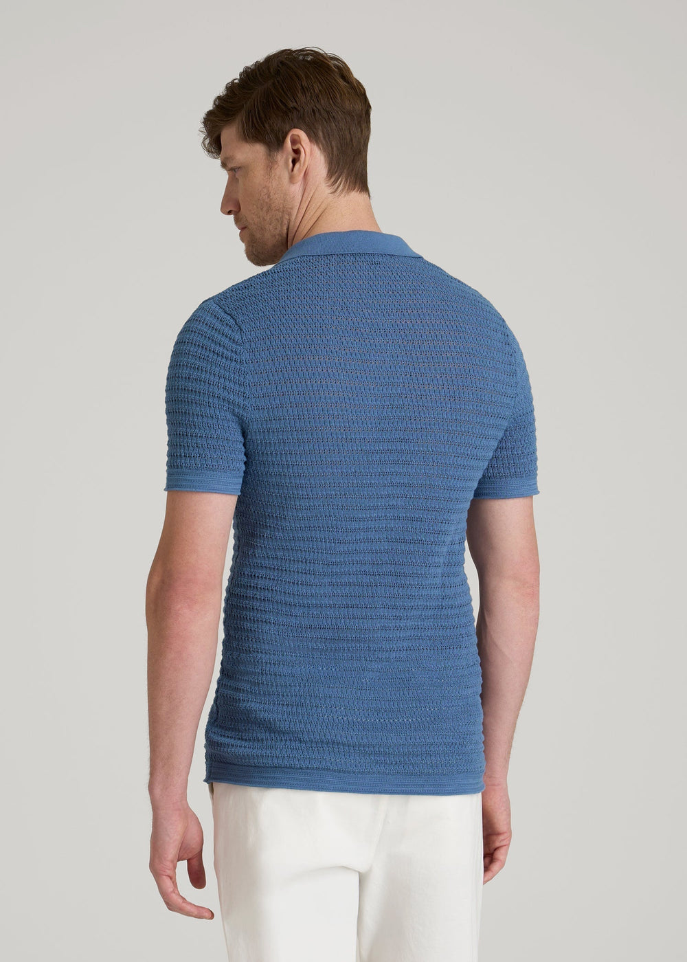 American Tall Online Shop | Short Sleeve Crochet Polo Cardigan for Tall Men in Deep Cobalt