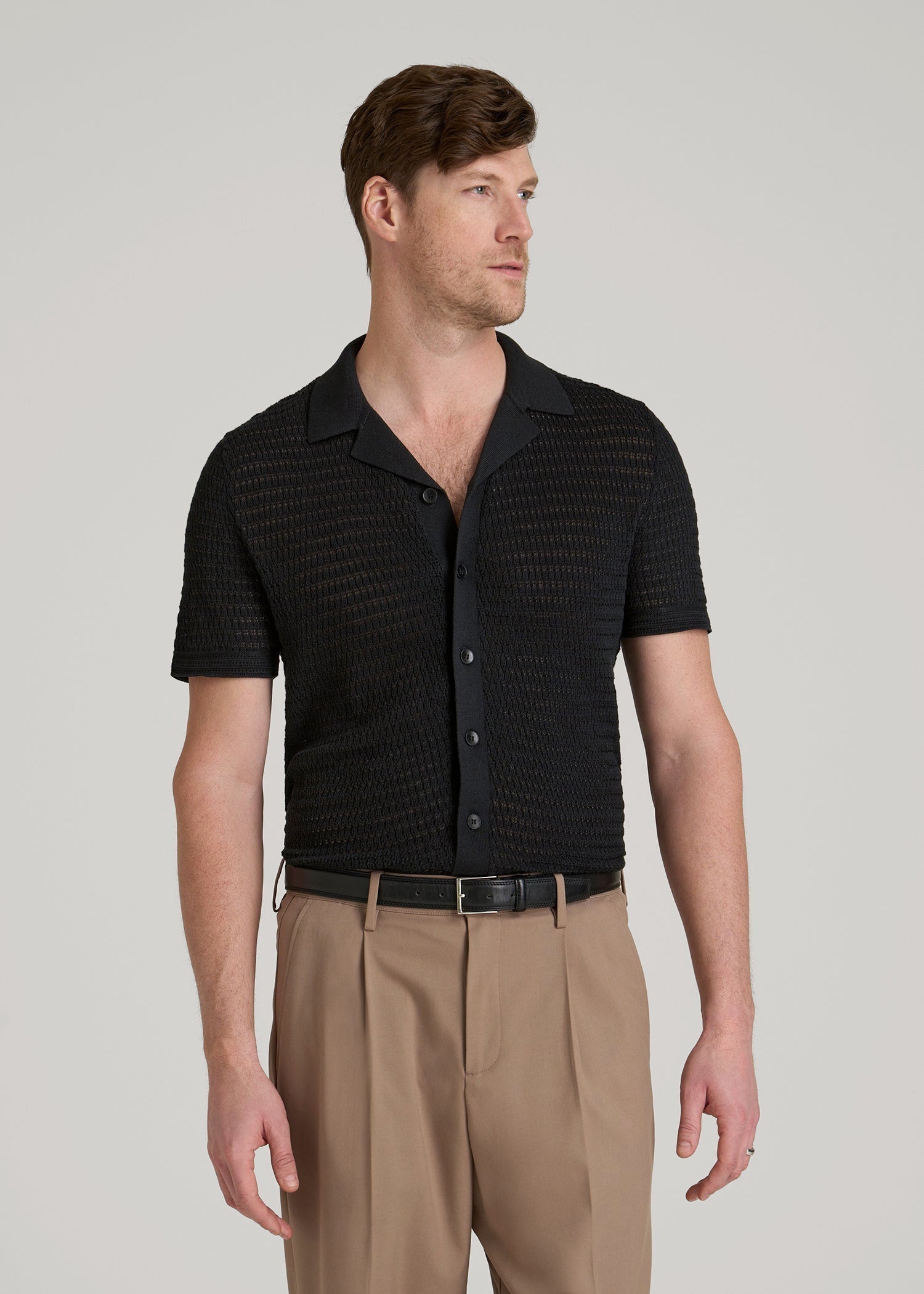 American Tall Sale | Short Sleeve Crochet Polo Cardigan for Tall Men in Black