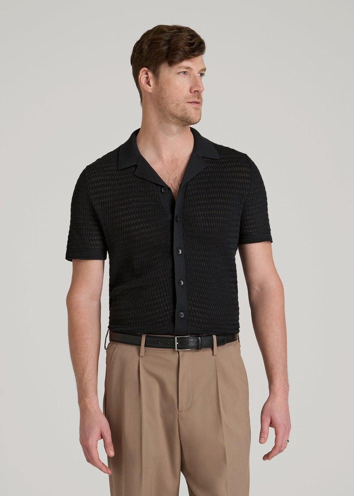 American Tall Sale | Short Sleeve Crochet Polo Cardigan for Tall Men in Black