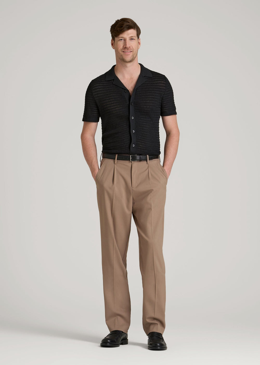 American Tall Sale | Short Sleeve Crochet Polo Cardigan for Tall Men in Black