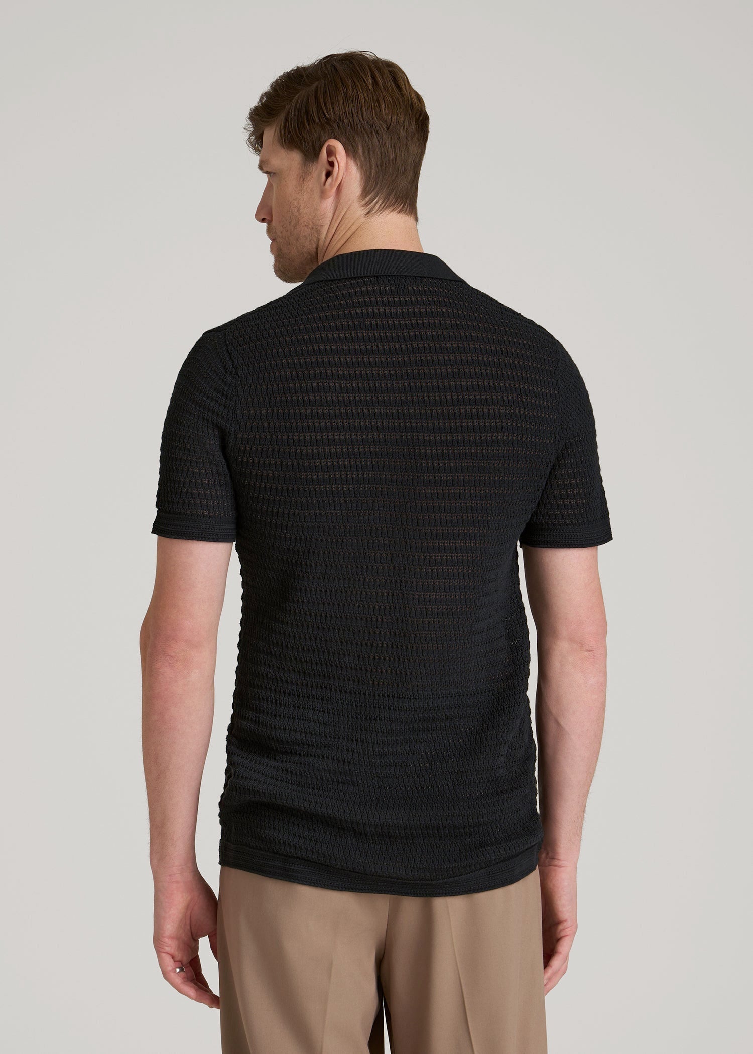 American Tall Sale | Short Sleeve Crochet Polo Cardigan for Tall Men in Black