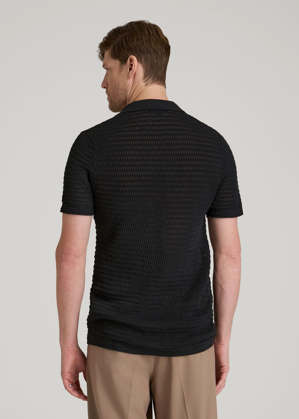American Tall Sale | Short Sleeve Crochet Polo Cardigan for Tall Men in Black