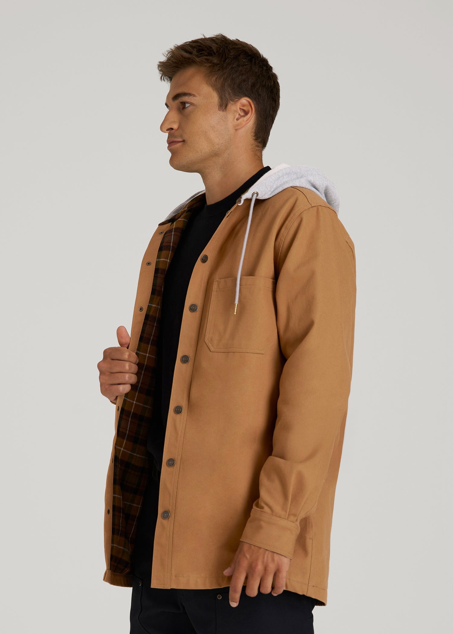 American Tall Discount | LJ&S Flannel-Lined Canvas Shirt Jacket for Tall Men in Vintage Tan