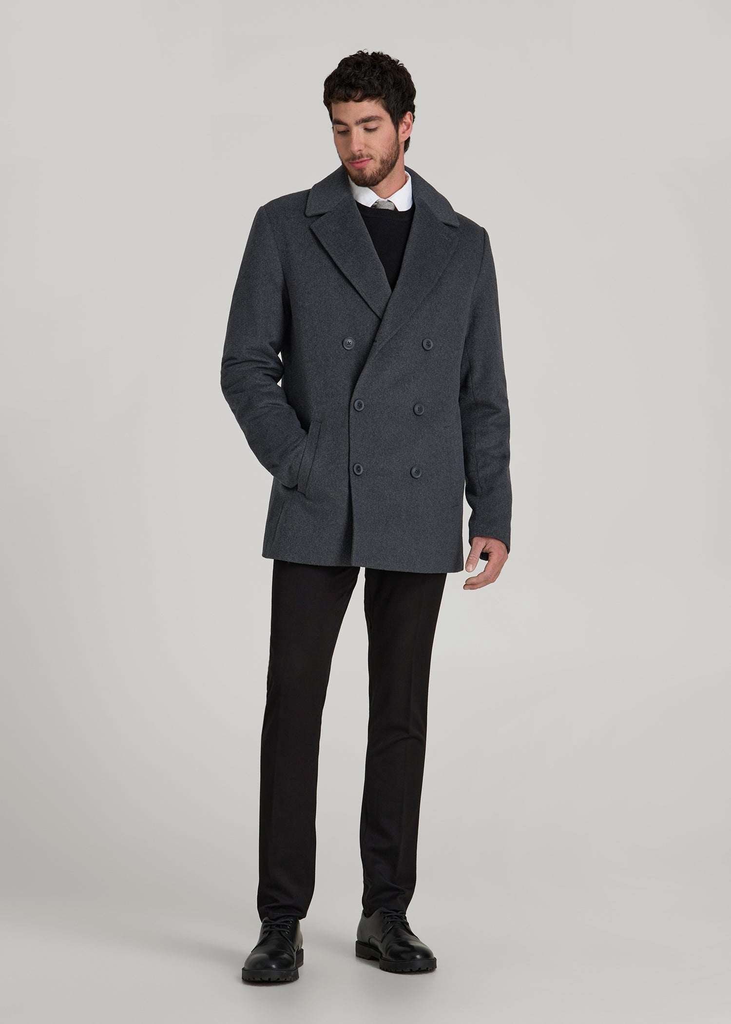 American Tall Online Shop | Double-Breasted Wool Peacoat for Tall Men in Dark Grey Mix