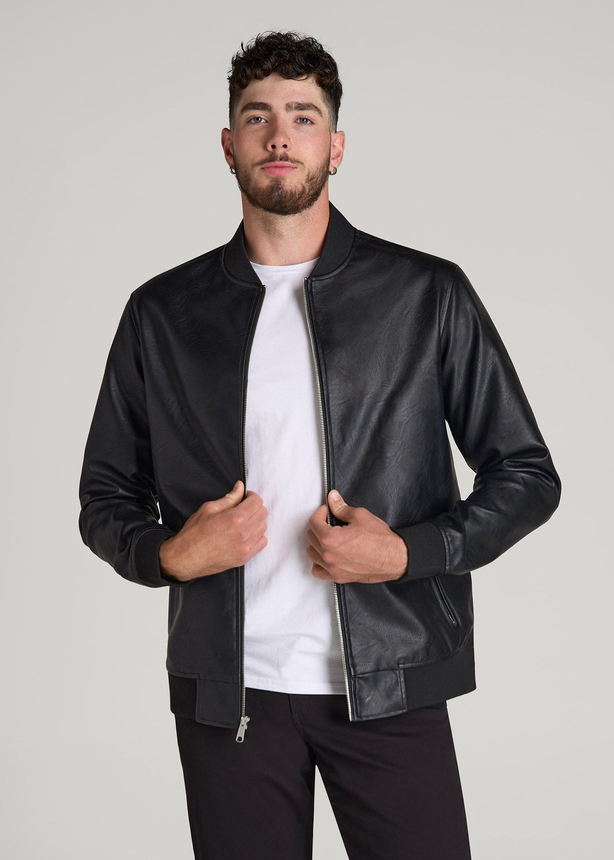 American Tall Discount | True Touch Leather Bomber Jacket for Tall Men in Black