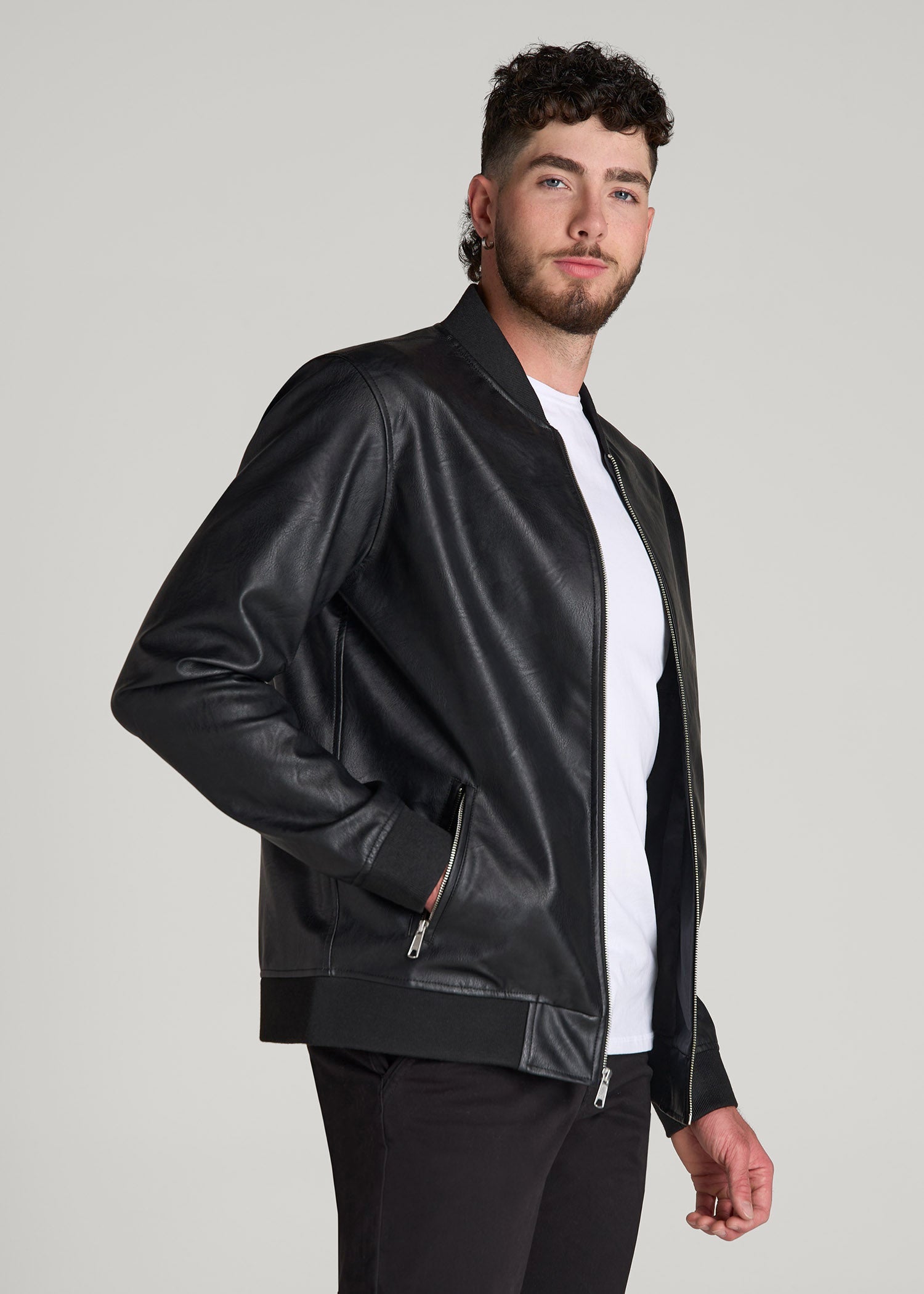 American Tall Discount | True Touch Leather Bomber Jacket for Tall Men in Black
