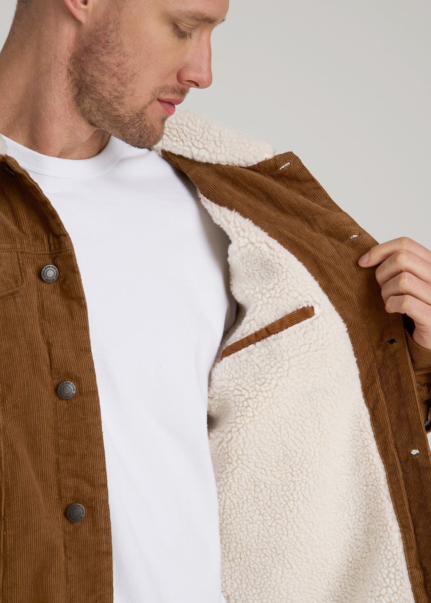 American Tall Discount | LJ&S Sherpa Corduroy Trucker Jacket for Tall Men in Tan Brown