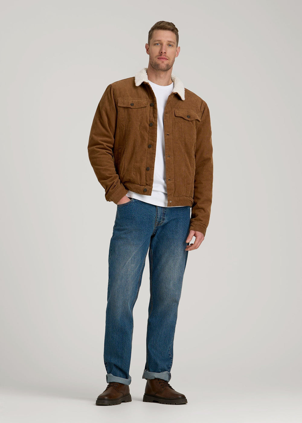 American Tall Discount | LJ&S Sherpa Corduroy Trucker Jacket for Tall Men in Tan Brown