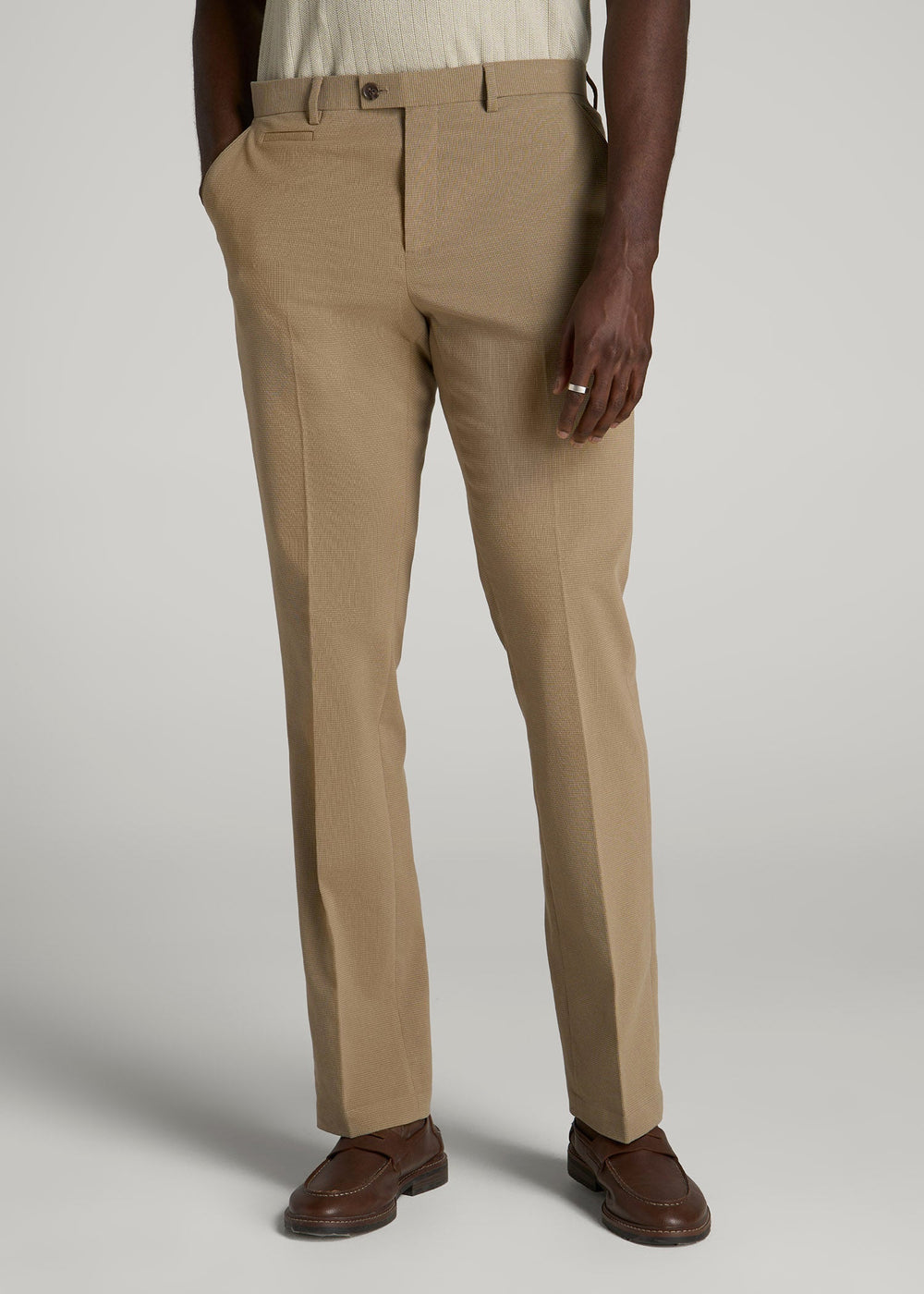 American Tall Outlet | Textured Garment Washed Stretch Cotton Suit Pants for Tall Men in Desert Khaki