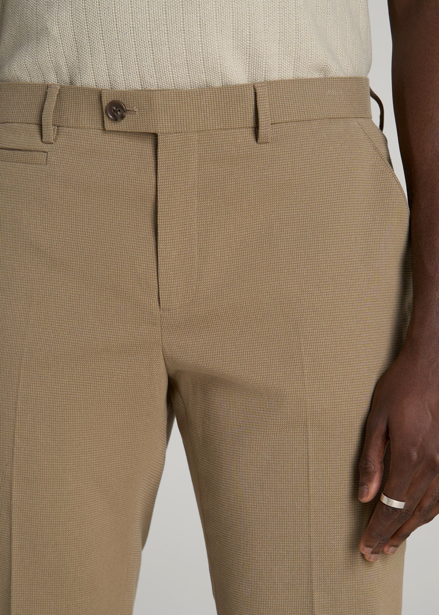 American Tall Outlet | Textured Garment Washed Stretch Cotton Suit Pants for Tall Men in Desert Khaki