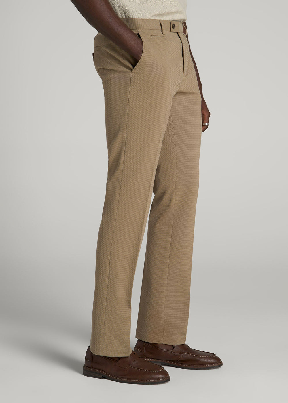American Tall Outlet | Textured Garment Washed Stretch Cotton Suit Pants for Tall Men in Desert Khaki