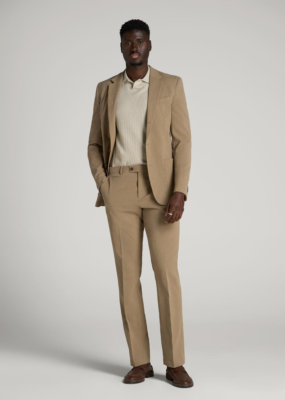 American Tall Outlet | Textured Garment Washed Stretch Cotton Suit Pants for Tall Men in Desert Khaki