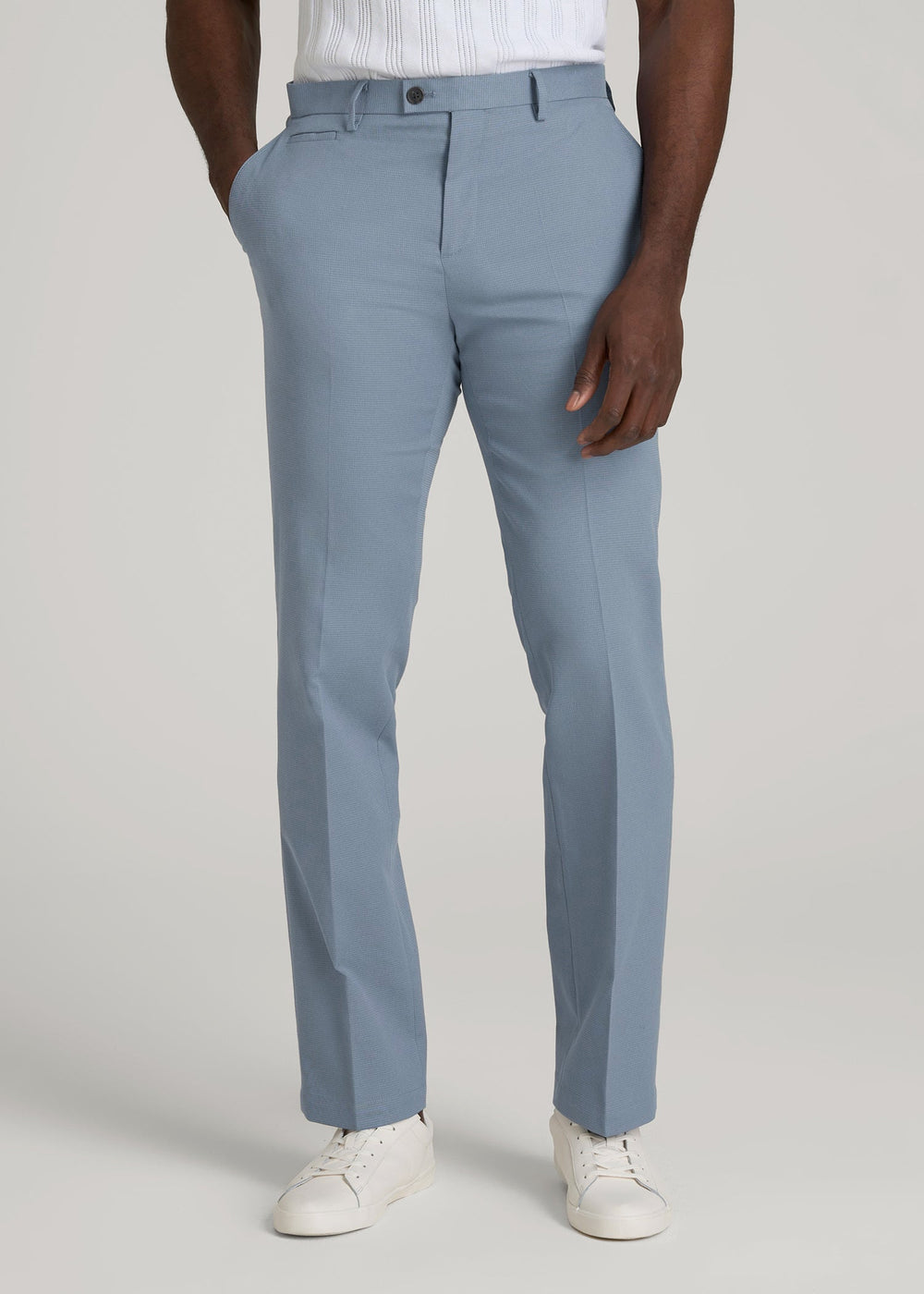 American Tall Outlet | Textured Garment Washed Stretch Cotton Suit Pants for Tall Men in Chambray