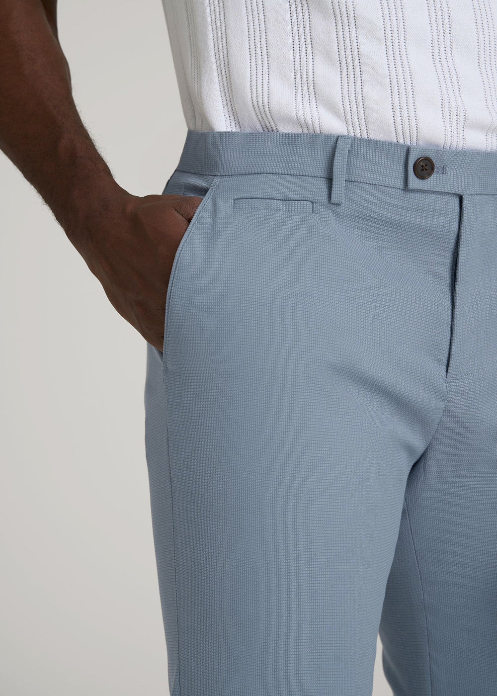 American Tall Outlet | Textured Garment Washed Stretch Cotton Suit Pants for Tall Men in Chambray