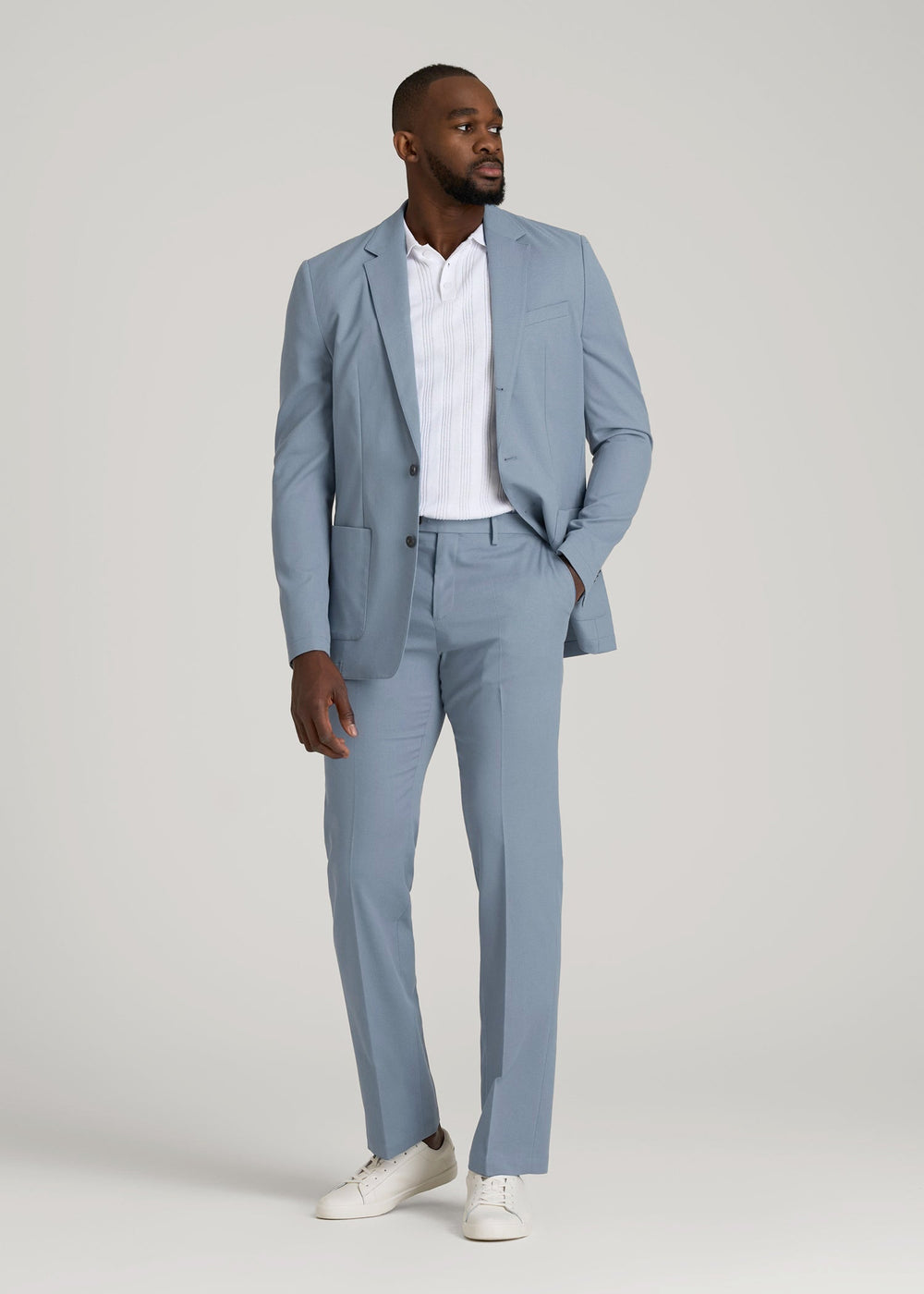 American Tall Outlet | Textured Garment Washed Stretch Cotton Suit Pants for Tall Men in Chambray