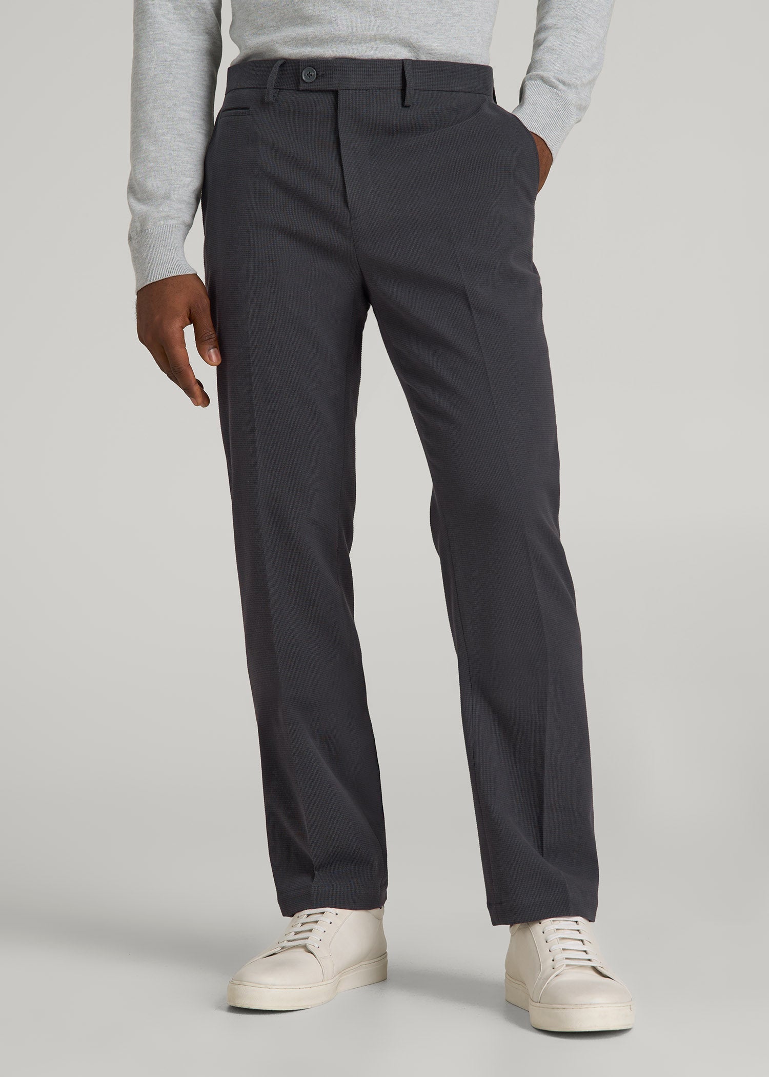 American Tall For Sale | Textured Garment Washed Stretch Cotton Suit Pants for Tall Men in Iron Grey
