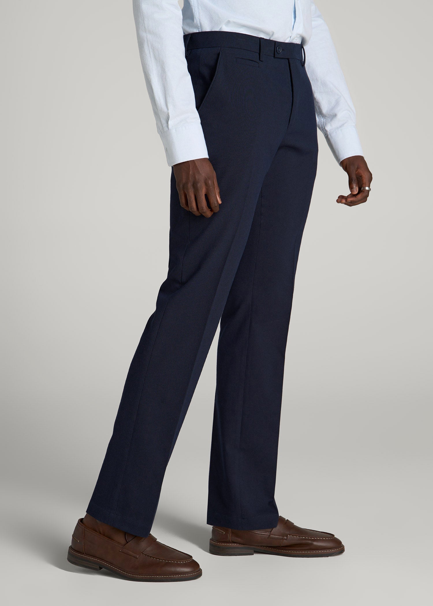 American Tall Sale | Textured Garment Washed Stretch Cotton Suit Pants for Tall Men in Evening Blue