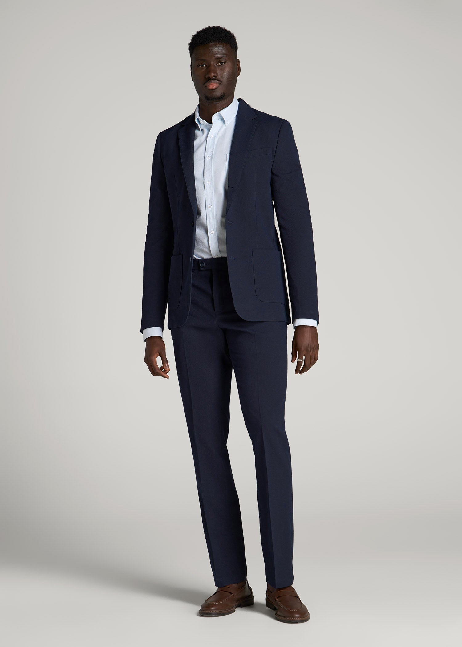 American Tall Sale | Textured Garment Washed Stretch Cotton Suit Pants for Tall Men in Evening Blue
