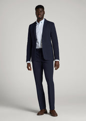American Tall Sale | Textured Garment Washed Stretch Cotton Suit Pants for Tall Men in Evening Blue