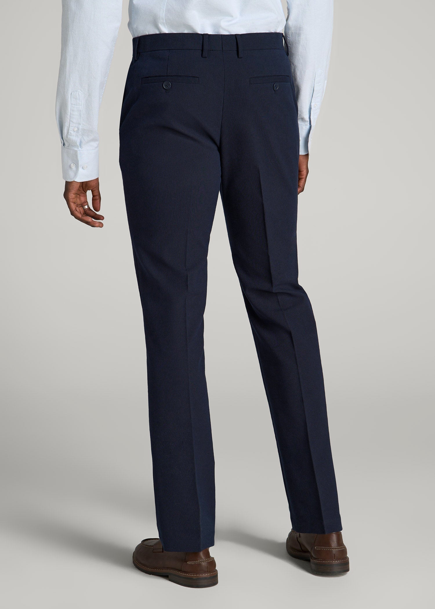 American Tall Sale | Textured Garment Washed Stretch Cotton Suit Pants for Tall Men in Evening Blue