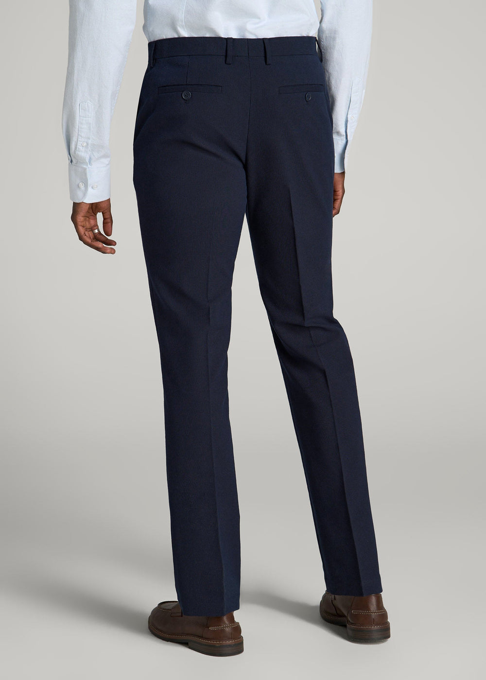 American Tall Sale | Textured Garment Washed Stretch Cotton Suit Pants for Tall Men in Evening Blue