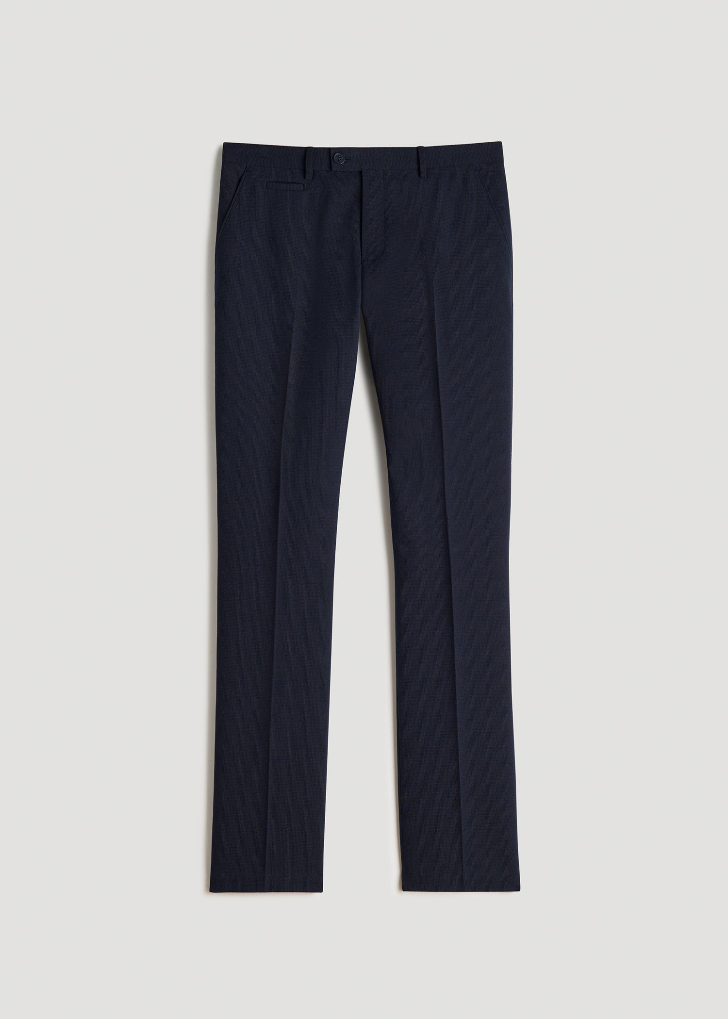 American Tall Sale | Textured Garment Washed Stretch Cotton Suit Pants for Tall Men in Evening Blue