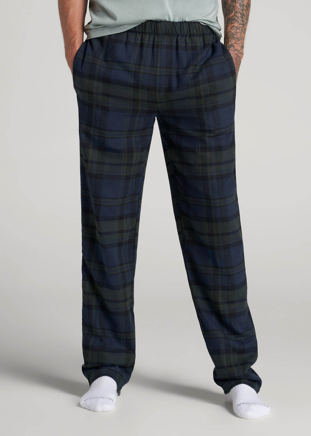 American Tall Sale | Plaid Pajama Pants for Tall Men in Olive & Dark Cobalt Plaid