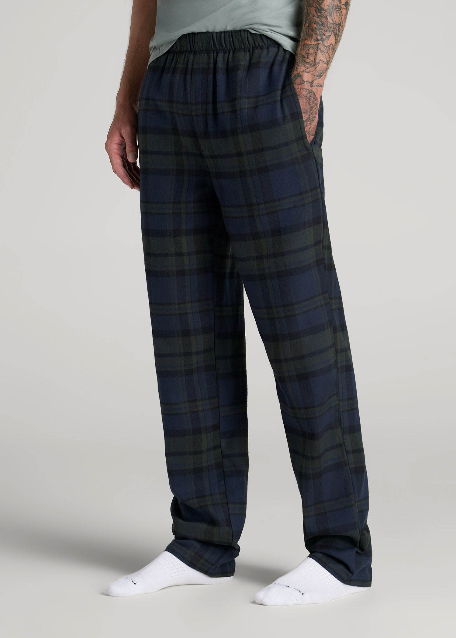 American Tall Sale | Plaid Pajama Pants for Tall Men in Olive & Dark Cobalt Plaid