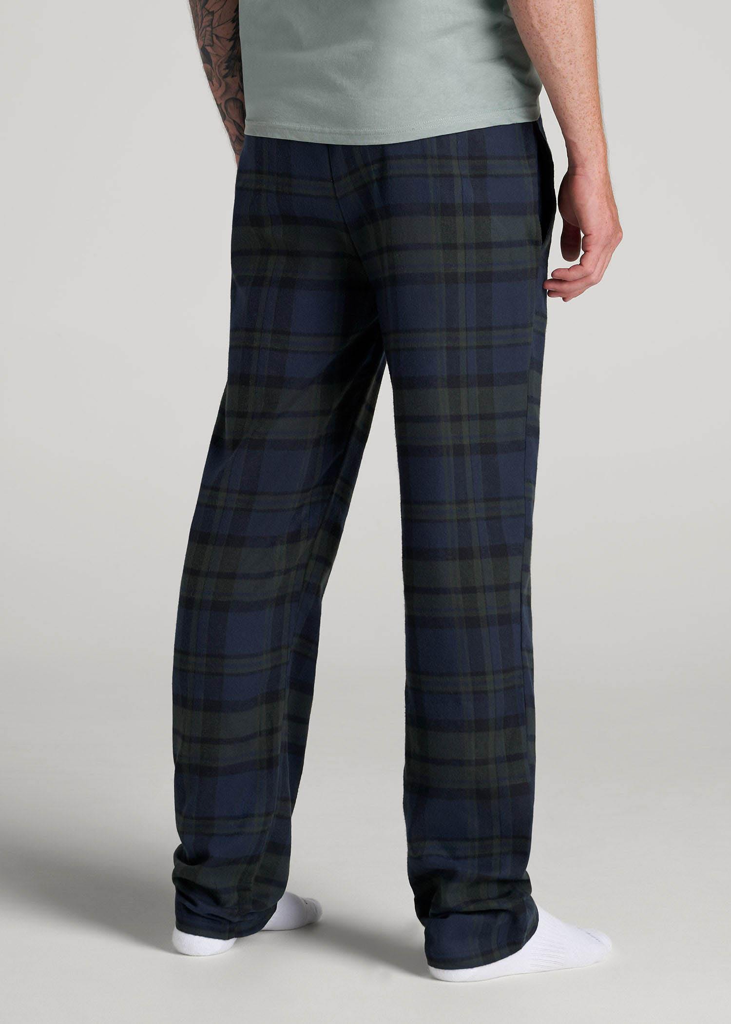 American Tall Sale | Plaid Pajama Pants for Tall Men in Olive & Dark Cobalt Plaid