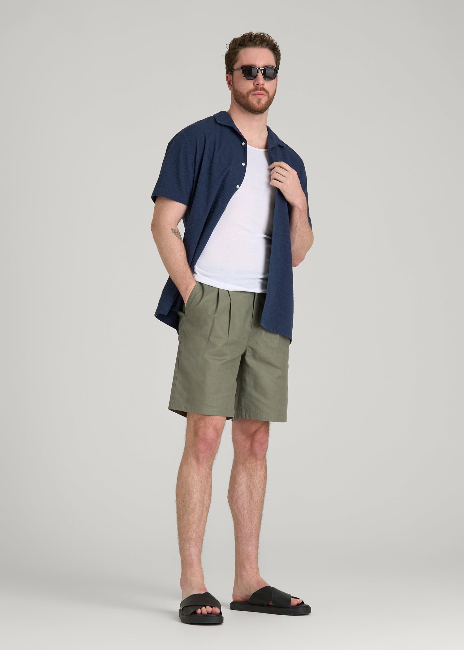 American Tall Online Shop | Stretch Cotton Linen Blend Shorts for Tall Men in Olive