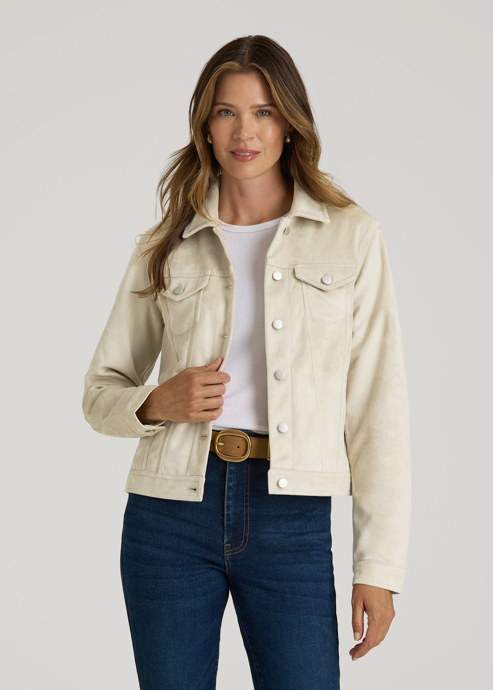 American Tall Online | True Touch Suede Trucker Jacket for Tall Women in Overcast