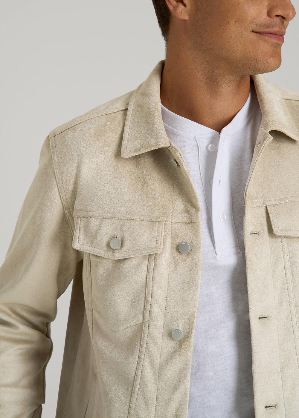 American Tall Online Shop | True Touch Suede Trucker Jacket for Tall Men in Overcast